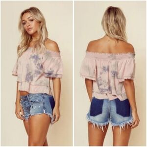 Blue Life Off The Shoulder Tie Dye Fray Edge Top Small Pink Gray Green
